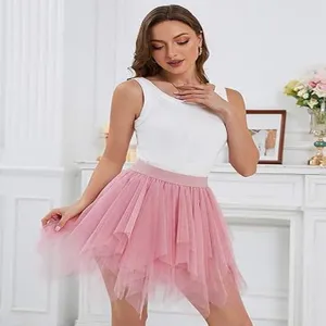 Women summer pink mesh mini skirt tulle layered ruffle cute princess skirt casual apparel detail view