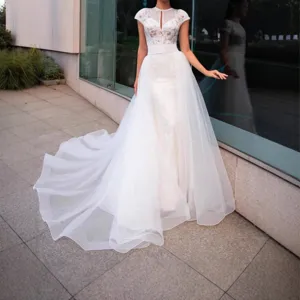 Elegant bridal white wedding dress organza detachable tulle overskirt long train wedding skirt
