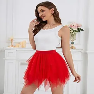 Red tulle mini skirt for women summer mesh tutu skirt high waist princess party skirt
