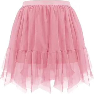 Pink mesh tiered mini skirt, casual irregular layered tutu skirt for summer daily wear.