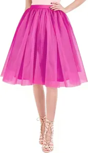 Vibrant pink tulle tutu skirt detail, fluffy layered mesh design for party and costume wear.