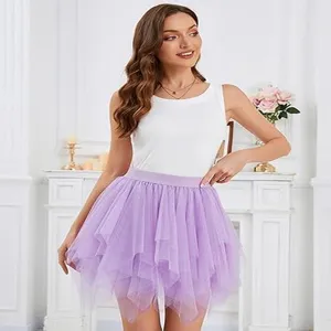 Detailed view of the women summer light purple tiered tulle mini skirt elegant princess style.