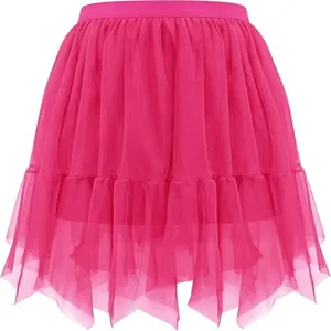 Women summer pink irregular mesh mini skirt layered tulle tutu cute party streetwear