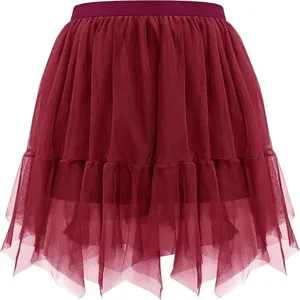 Detailed view of the burgundy tulle mesh skirt with irregular layered hem and elastic waistband.