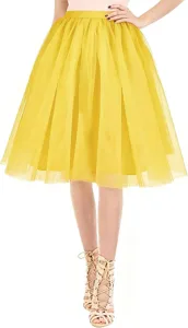 Yellow tulle midi skirt party tutu skirt detail view showing elegant layered fabric design.