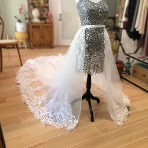 Sparkling silver dress with white lace long train tulle skirt for bridal wedding party
