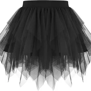 Women black mesh tutu skirt summer short irregular tulle tiered princess pleated skirt.