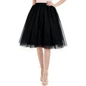 Elegant black tulle midi tutu skirt for women, high waist puffy mesh party dress skirt.
