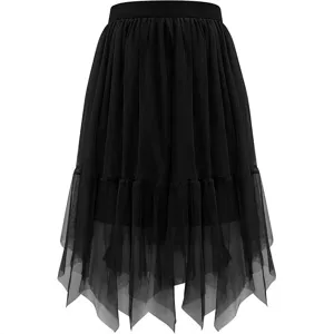 Black tiered mesh midi skirt with irregular hem and elastic high waist for women.