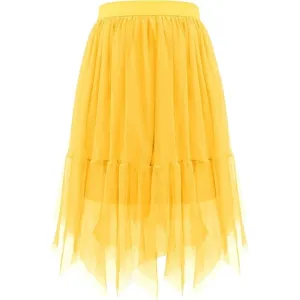 Women's yellow mesh skirt summer irregular tulle skirt high waist casual tiered midi skirt