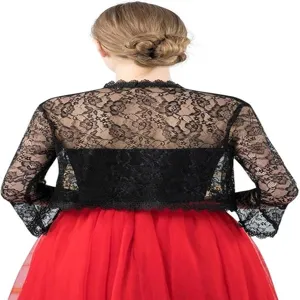 Black lace bolero cardigan detail view, lightweight sheer floral cover up for women.