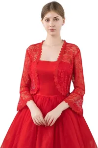 Red lace short bolero shrug women summer plus size hollow cardigan thin coat versatile top