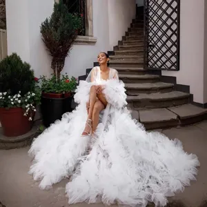 Long train tulle dressing gown maternity photography dress fluffy mesh staging performance gown