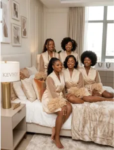 Women Sexy V-Neck Satin Robe With Mesh Flare Sleeves Elegant Mid-Length Bridal Party Bridesmaid Dressing Gown Sleepwear
