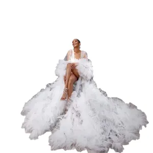 Elegant white tulle robe for women, long train puffy mesh gown for maternity photoshoots.