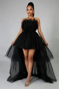 Damen High-Low schwarzes Tüllkleid stylisches mehrlagiges Mesh Abendkleid Moden.