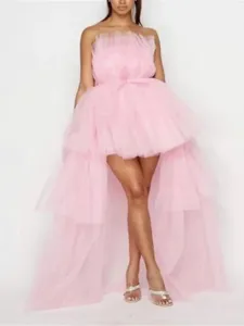 Damen rosa gestuftes Tüllkleid High Low trägerlos Party Mesh Kleid elegantes Fotoshooting