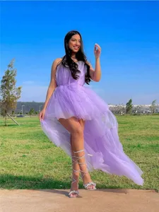Damen lila Tüll High Low Kleid ärmellos gestuftes Mesh Partykleid für Fotografie