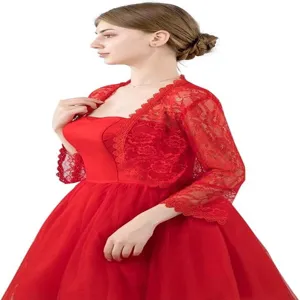 Elegant red lace bolero shrug for women, lightweight short cardigan jacket for summer.