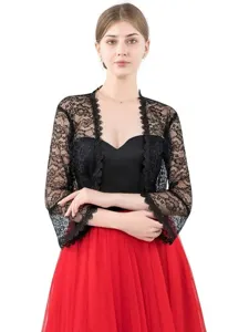 Women Elegant Lace Shawl Short Bolero Cardigan Hollow Out Floral Pattern Polyester Jacket With Flare Sleeve For Summer Party Top