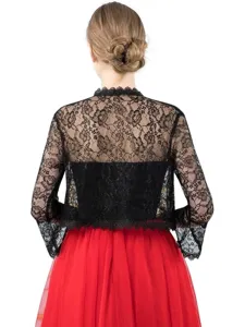 Women's black lace cropped cardigan bolero shrug, elegant hollow out sheer summer top back view