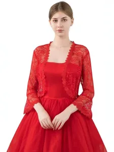 Women red lace shrug bolero short sleeve open front cardigan summer elegant stylish cover up