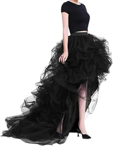 Black high-low tiered tulle skirt detail, showing fluffy mesh layers and elegant asymmetric hem.