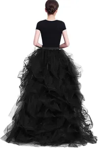 Detailed back view of a high-waisted black tiered tulle maxi skirt for women.
