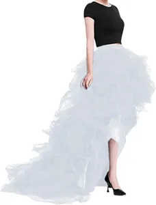 High-waist multi-layer tulle fluffy midi skirt with dramatic high-low long train design.