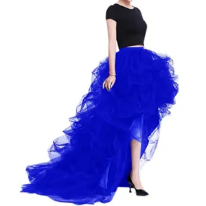 Detail view of the royal blue high-low tulle tutu skirt, featuring multi-layered voluminous mesh design.