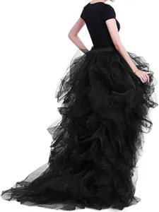 Women High Waist Mesh Tulle Puffy Skirt Elegant Evening Banquet Prom Party Hi-Lo Irregular Hem Skirt Solid Color Bottom