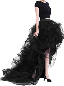 Stunning high-low black tulle maxi skirt with elastic high waist for evening parties and events.