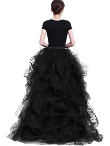 Black high-waist mesh tulle maxi skirt, elegant fluffy layered long skirt for women main view.