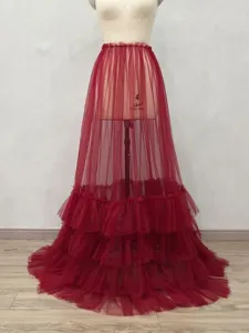 Versatile mid-length sheer mesh tiered tulle overskirt petticoat for evening party photography.