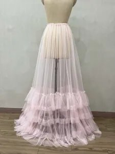 Pink sheer tulle tiered long skirt mesh overlay dress petticoat party photography wear detail view