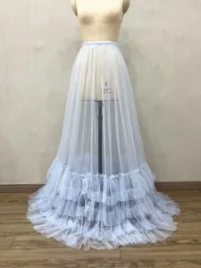 Sheer light blue tulle overlay skirt, long ruffled mesh skirt for party and photography.
