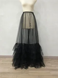 Women Sexy See-Through Mesh Overlay Skirt Tiered Ruffle Sheer Long Skirt For Party Photography Solid Color Elastic Waist Bottom