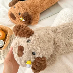 Detailed view of cute plush dog hot water bottle, soft fabric, cozy winter bedding accessory.