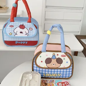 Insulated cartoon puppy lunch bag cute grid bento tote bag portable student meal storage bag