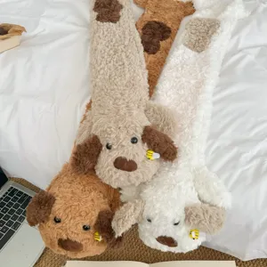Cute long plush dog hot water bottle cover detail, cozy winter bed warming companion in soft textures.