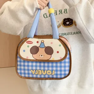 Cute cartoon puppy lunch bag with blue gingham pattern, portable insulated hand tote bag.