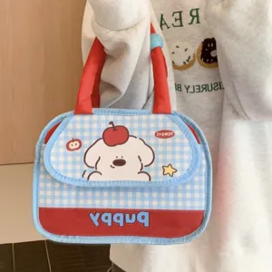 Cute cartoon puppy lunch bag with blue checkered pattern and red handles for daily portable use.