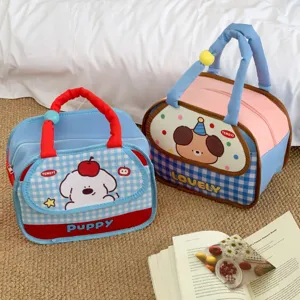 Cute cartoon puppy insulated lunch bag with portable handle and durable thermal foil lining.