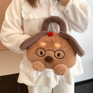 Cute plush dog design hot water bag detail view, soft winter hand warmer and cute furry handbag.