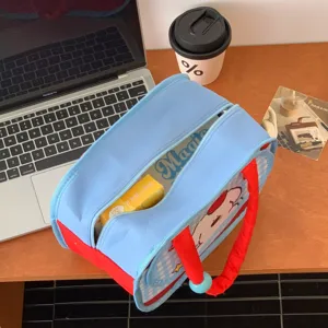 Blue plaid lunch bag portable insulated tote bag with red handles for students and office workers.