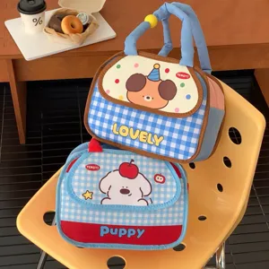 Cartoon dog lunch bag portable insulated bento box tote bag with cute blue plaid pattern.