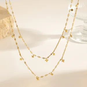 Close-up detail of double-layer gold titanium steel necklace with elegant rhombus sequins.
