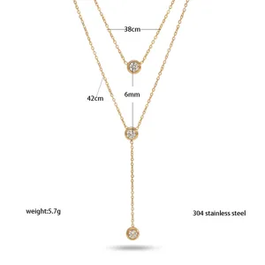 Double layer stainless steel zircon necklace detail view with length and weight specifications.