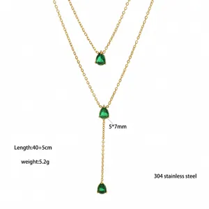 Double layer teardrop zirconia necklace in stainless steel with green pear cut stones.