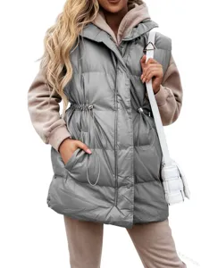 Women Mid-Length Quilted Padded Vest Stand Collar Drawstring Waist Sleeveless Jacket Pocket Solid Color Autumn Winter Top